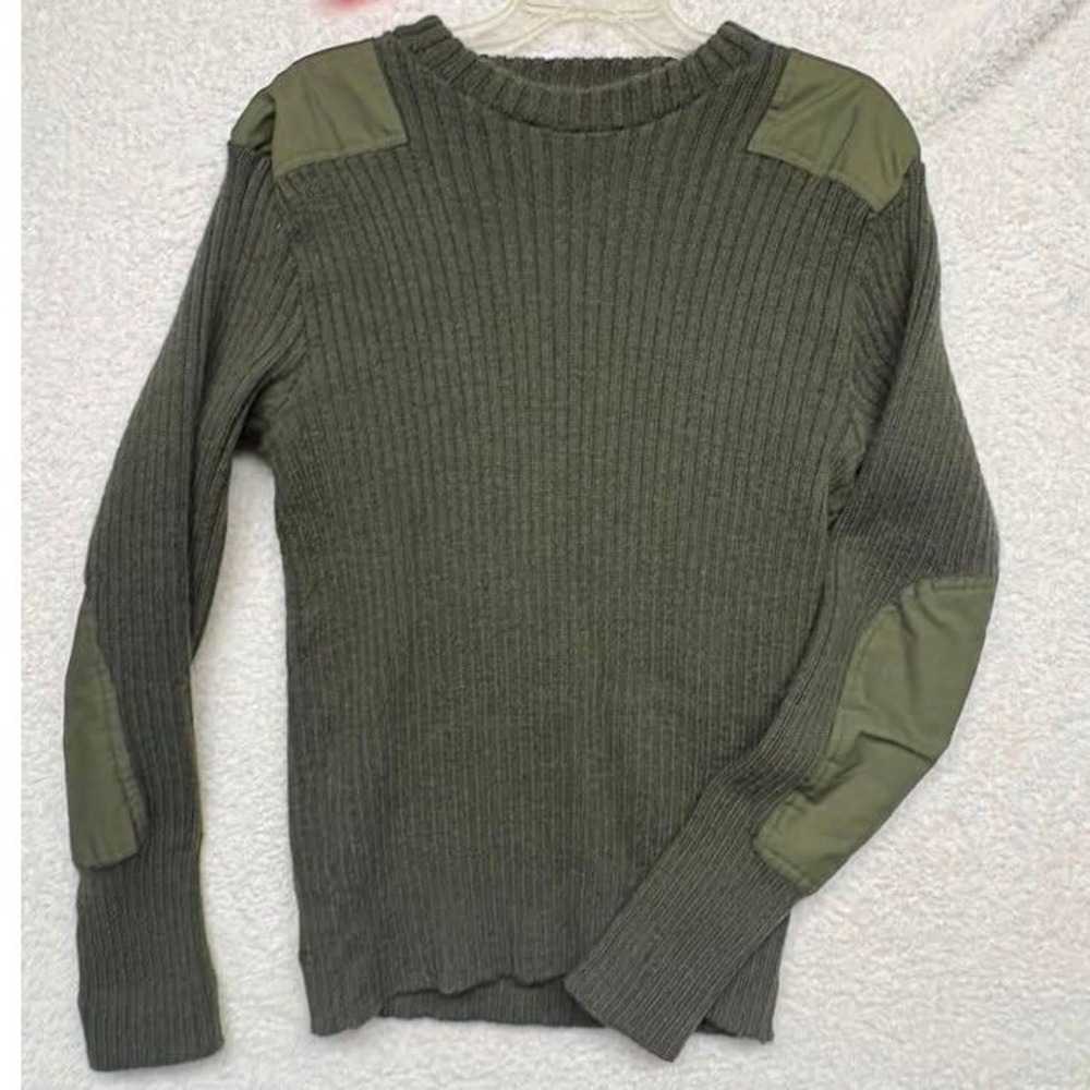 Barbour Mens Wool Commando Sweater Olive Green Ribbed Military Patch Size 44 5